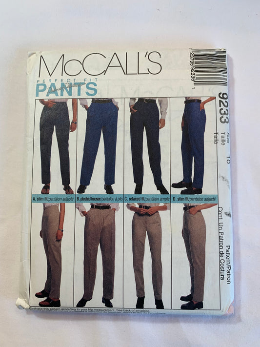 McCall's Sewing Pattern 9233 Misses' Pants, Trousers, Jeans, Relaxed, Slim, Zipper Fly, Darts, Pockets, Belt Carriers, 4 Variations, Size 18, Uncut, Vintage 1998