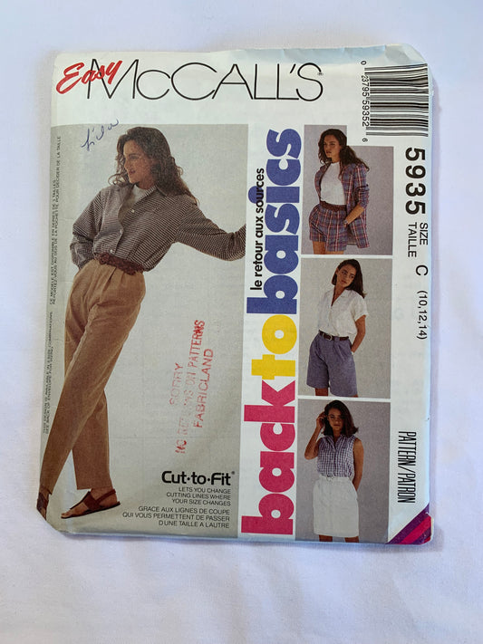 McCall's Sewing Pattern 5935 Misses' Pants, Shorts, Skirt, Tapered, Two Lengths, Darts, Pockets, Belt Carriers, Size 10-14, Uncut, Vintage 1992