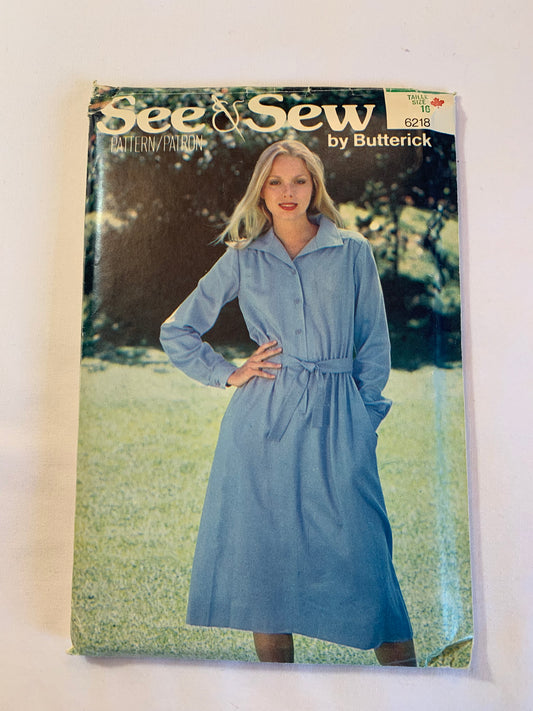 Butterick See & Sew Sewing Pattern 6218 Misses' Dress, Long Sleeves, Elastic Waist, Belt, Button Front, Flared Skirt, Loose-Fitting, Size 16, Cut, Vintage 1986