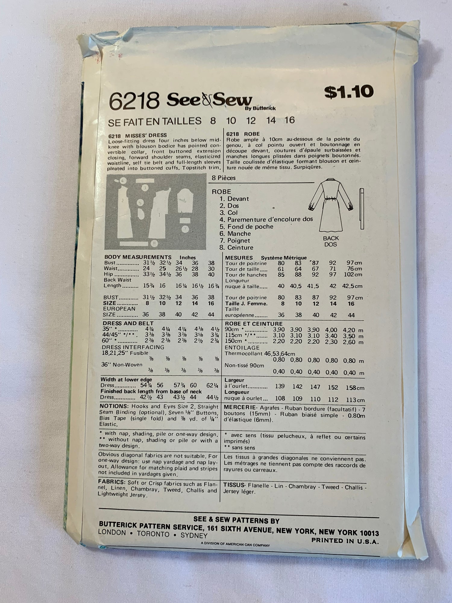 Butterick See & Sew Sewing Pattern 6218 Misses' Dress, Long Sleeves, Elastic Waist, Belt, Button Front, Flared Skirt, Loose-Fitting, Size 16, Cut, Vintage 1986