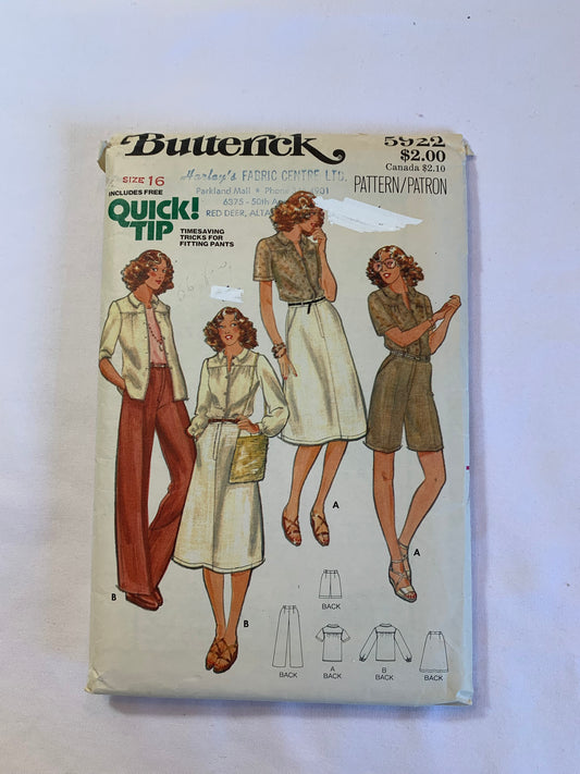Butterick Sewing Pattern 5922 Misses' Shirt, Skirts, Shorts, Pants, Semi-Fitted, Collar, Button Front, Zipper Fly, Long/Short Sleeves, Size 16, Cut, Vintage 1970