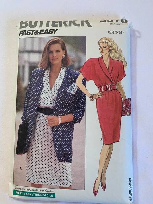 Butterick Sewing Pattern 3378 Misses' Dress, Jacket, Loose-Fitting, Shoulder Pads, Long/Short Sleeves, Collar, Elastic Waist, Size 12-14, Cut, Vintage 1989