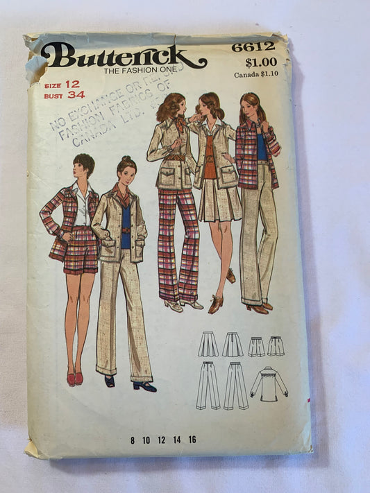 Butterick Sewing Pattern 6612 Misses' Shirt, Shorts, Skirt, Pants, Loose-Fitting, Collar, Long Sleeves, Button Front, Pockets, Zipper Front, Size 12, Cut, Vintage 1997