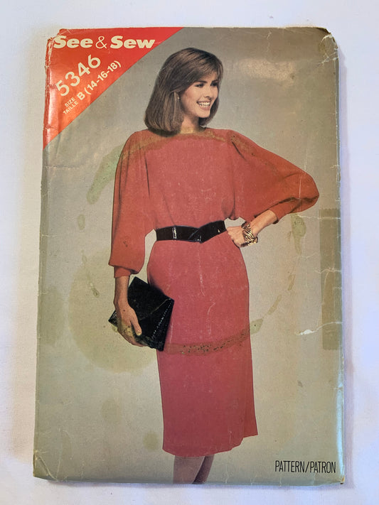 Butterick Sewing Pattern 5346 Misses' Dress, Loose-Fitting, Pullover, Long Sleeves, Pockets, Size 14, Cut, Vintage 1985