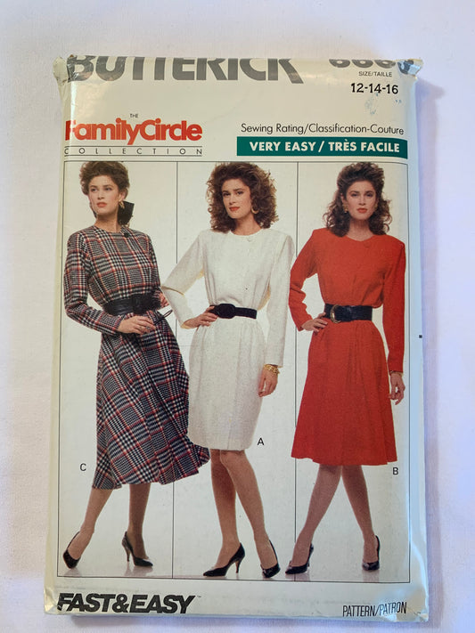 Butterick Sewing Pattern 6663 Misses'/Misses' Petite Dress, Wrap, Two Lengths, Flared, Pleats, Long Sleeves, Shoulder Pads, Size 12-16, Uncut, Vintage 1988
