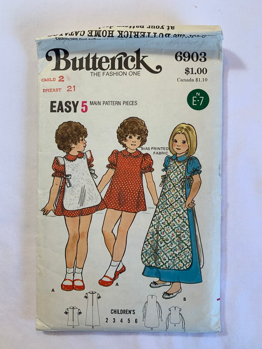 Butterick Sewing Pattern 6903 Toddlers'/Girls' Dress, Pinafore, Tie Ends, Two Lengths, Collar, Semi-Fitted, Zipper Back, Size 2, Cut, Vintage 1976