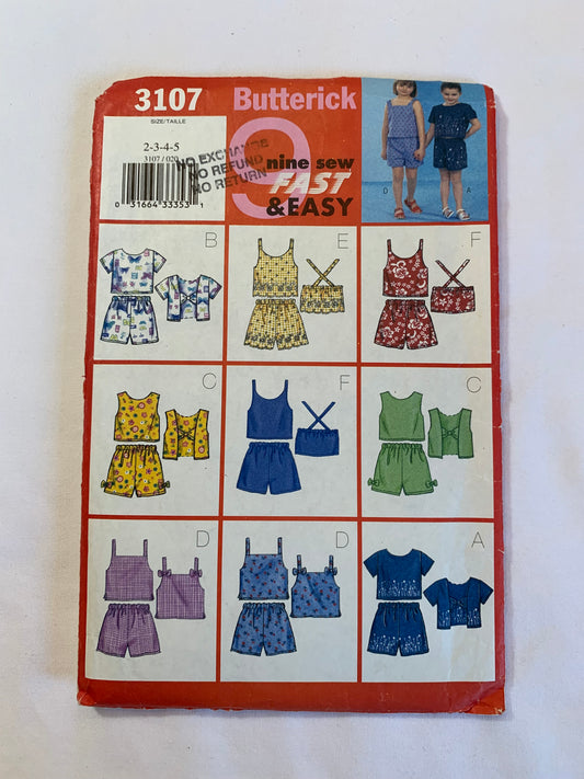 Butterick Sewing Pattern 3107 Girls' Top, Shorts, Pullover, Short Sleeves, Sleeveless, Shoulder Straps, Elastic Waist, Loose-Fitting, 9 Variations, Size 2-5, Cut, 2001