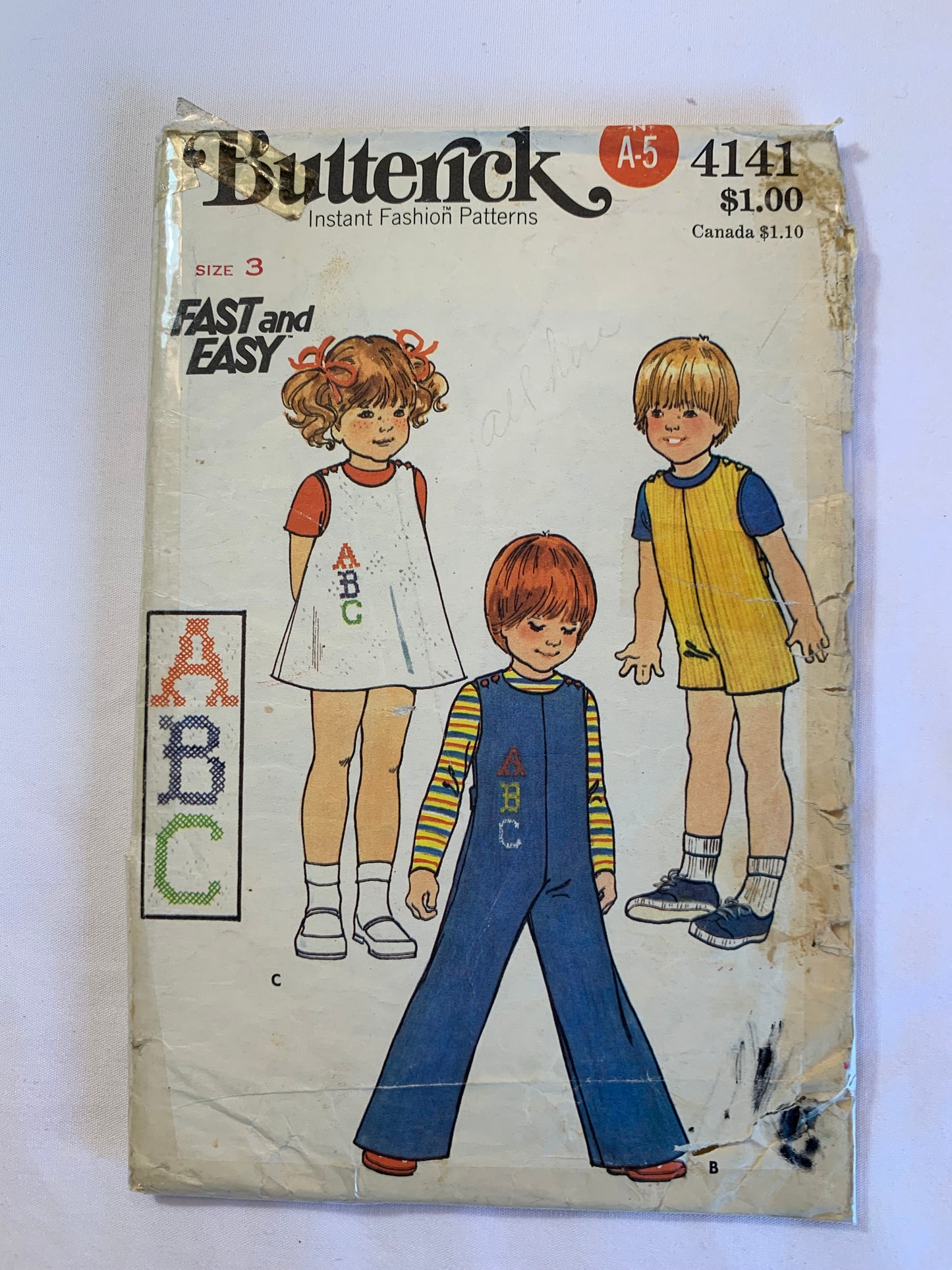 Butterick Sewing Pattern 4141 Toddlers' Jumper, Jumpsuit, Transfers Are Missing, Loose-Fitting, Sleeveless, Button Shoulders, Two Lengths, A-Line, Size 3, Cut, 1970