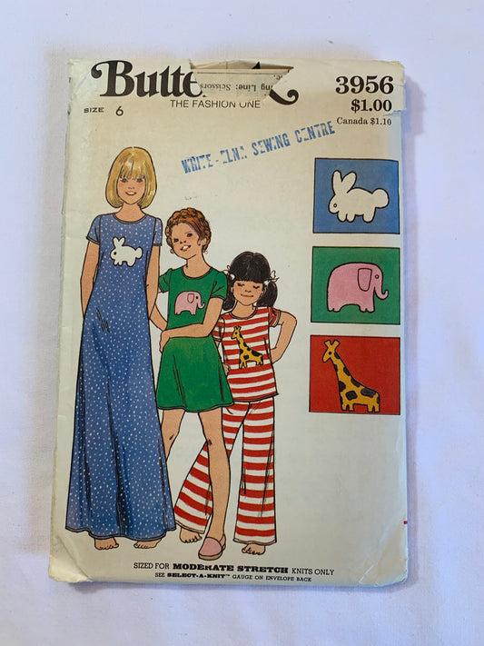 Butterick Sewing Pattern 3956 Girls' Pajamas, Nightgown, Top, Pants, Short Sleeves, Elastic Waist, Two Lengths, Animal Transfers, Size 6, Cut, Vintage 1970
