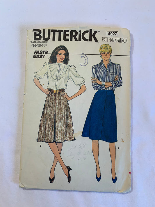 Butterick Sewing Pattern 4927 Misses' Skirt, A-Line, Zipper Back, Mid-Knee Length, Size 14-18, Uncut, Vintage 1984