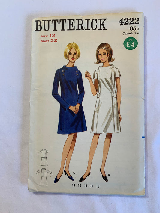 Butterick Sewing Pattern 4222 Misses' One-Piece Dress, Semi-Fitted, A-Line, Zipper Back, Long/Short Sleeves, 2 Variations, Size 12, Cut, Vintage 1970