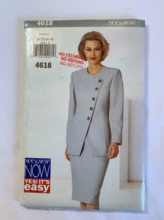 Butterick Sewing Pattern See & Sew 4618 Misses' Jacket, Skirt, Semi-Fitted, Shoulder Pads, Long Sleeves, Princess Seams, Zipper Back, Size 18-22, Cut, Vintage 1996