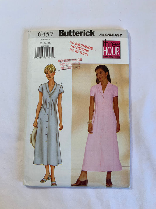 Butterick Sewing Pattern 64574 Misses'/Misses' Petite Dress, Fitted, A-Line, Collar, Short Sleeves, Button Front, Darts, Size 12-16, Uncut, Vintage 1999