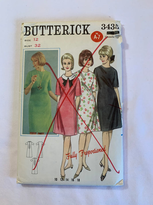 Butterick Sewing Pattern 3435 Misses' One-Piece Dress, Semi-Fitted, A-Line, Zipper Back, Short Sleeves, 3 Variations, Size 12, Uncut, Vintage 1970