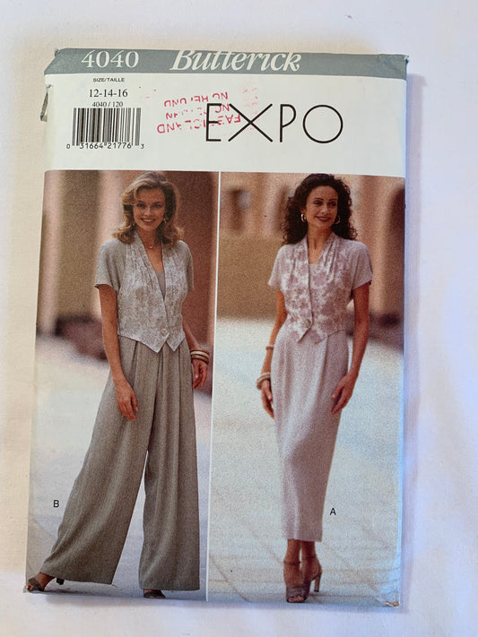 Butterick Sewing Pattern 4040 Misses' Dress, Jumpsuit, Loose-fitting, A-Line, Wide Legged, Shoulder Pads, Zipper Back Short Sleeves, Size 12-16, Uncut, Vintage 1995