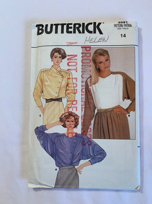 Butterick Sewing Pattern 3591 Misses' Blouses, Loose-Fitting, Long Sleeves, Button Front, Collar, Size 14, Uncut, Vintage 1985