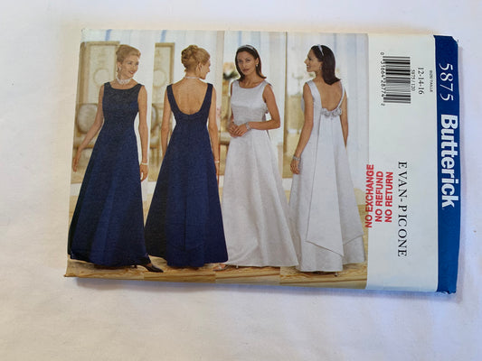 Butterick Sewing Pattern 5875 Misses' Fitted, Lined Dress, Gown, Evening Length, Zipper Back, Flared Skirt, Size 12-16, Uncut, Vintage 1998