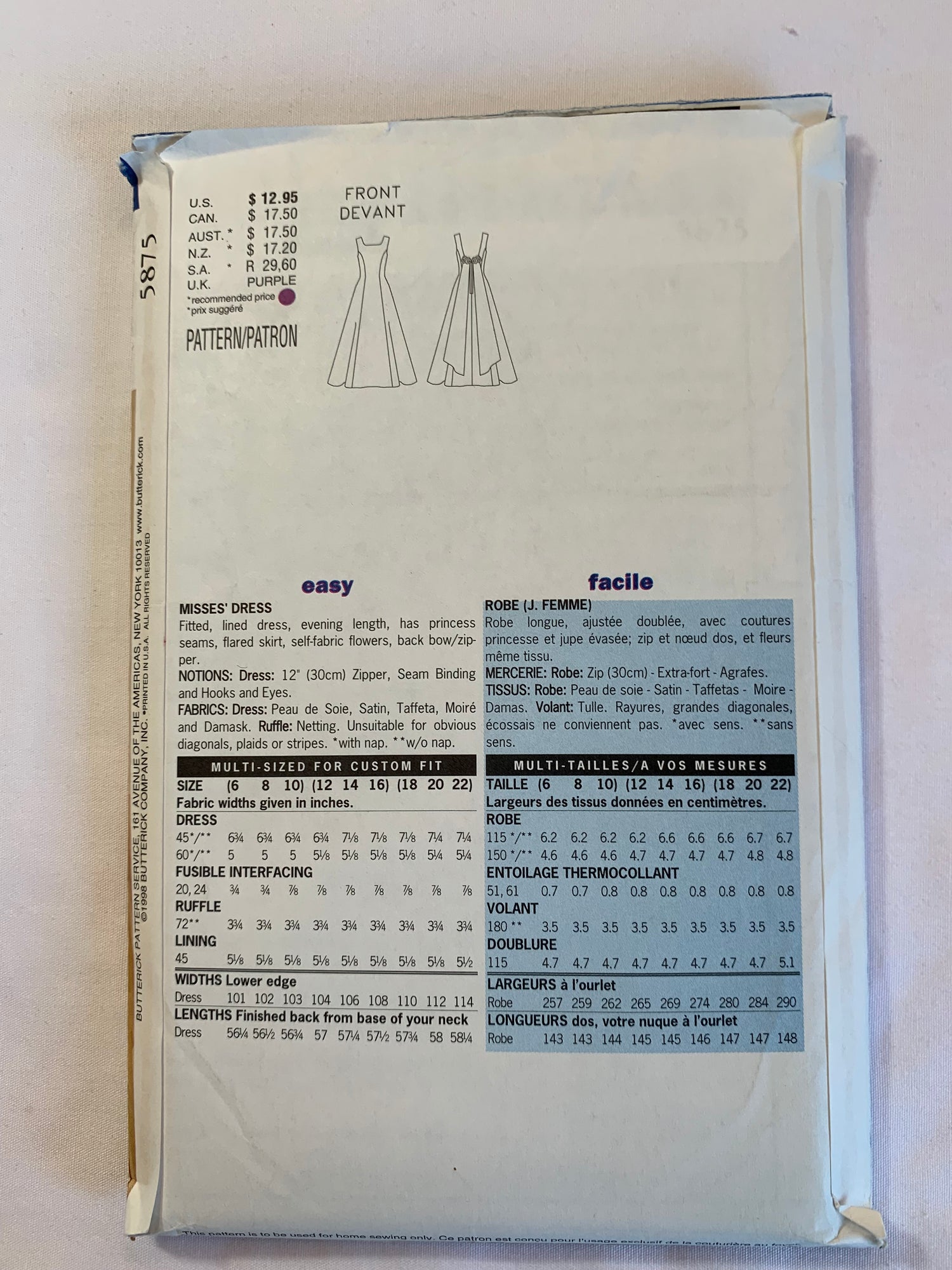 Butterick Sewing Pattern 5875 Misses' Fitted, Lined Dress, Gown, Evening Length, Zipper Back, Flared Skirt, Size 12-16, Uncut, Vintage 1998