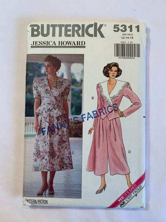 Butterick Jessica Howard Sewing Pattern 5311 Misses' Top, Skirt, Split Skirt, Shoulder Pads, Princess Seams, Flared, Size 12-14, Cut, Vintage 1992