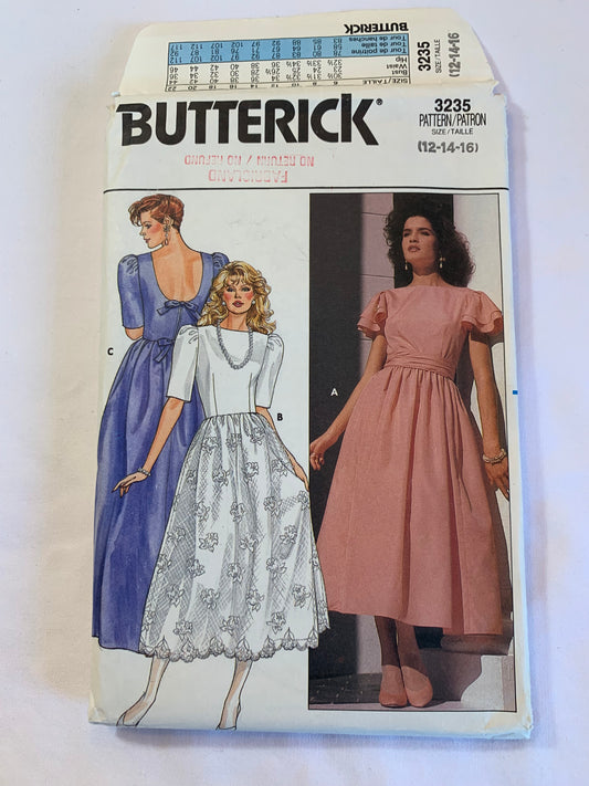 Butterick Sewing Pattern 3235 Misses' Evening Dress, Two Lengths, Close-Fitting, Short Sleeves, Zipper Back, Full Skirt, Size 12-16, Cut, Vintage 1985