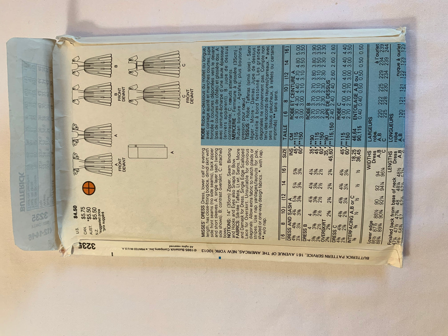 Butterick Sewing Pattern 3235 Misses' Evening Dress, Two Lengths, Close-Fitting, Short Sleeves, Zipper Back, Full Skirt, Size 12-16, Cut, Vintage 1985