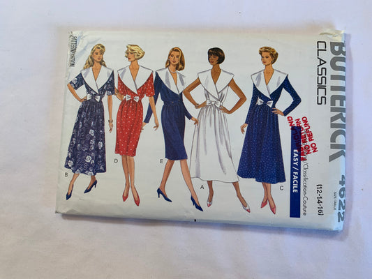 Butterick Sewing Pattern 4622 Misses' Dress,Two Lengths, Collar, Shoulder Pads, Loose-Fitting, Wrap Front, Elastic Waist, Long/Short Sleeves, Size 12-16, Cut, Vintage 1990
