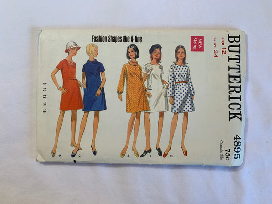 Butterick Sewing Pattern 4895 Misses' One-Piece Dress, Long/Short Sleeves, A-Line, 5 Variations, Collar, Pockets, Zipper Back, Size 12, Cut, Vintage 1970