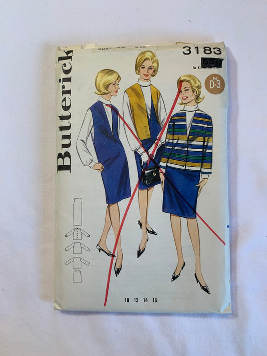 Butterick Sewing Pattern 31832 Misses' One-Piece Dress, Boxy Jacket, Jumper, Cowl Collar, Vest, Button Front, Pullover, Size 12, Cut, Vintage 1970