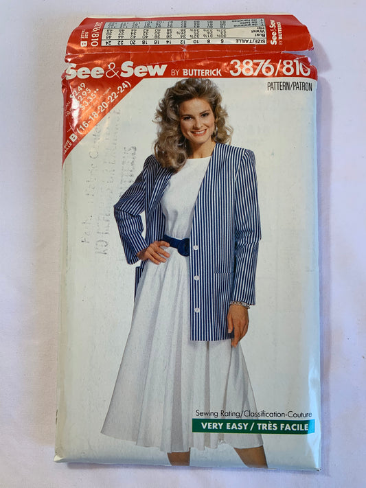 Butterick Sewing Pattern See & Sew 3876 Misses'/Misses' Petite Top, Skirt, Jacket, Loose-Fitting, Shoulder Pads, Side Zipper, Pockets, Pullover, Size 16-24, Cut, Vintage 1989