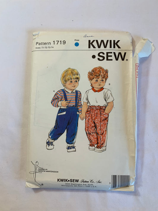 KWIK Sewing Pattern 1719 Toddlers' Shirt, Pants, Collar, Long/Short Sleeves, Shoulder Straps, Elastic Waist, Pockets, Pullover, Stretch Knits Only, Size T1-T4, Uncut, Vintage 1980