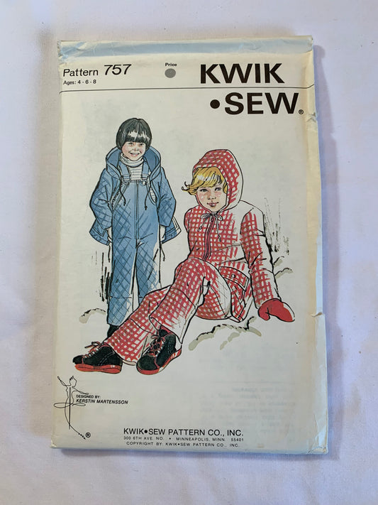 KWIK Sewing Pattern 757 Boys'/Girls/ Pants, Jacket, Ski Suit, Bib, Shoulder Straps, Hood, Pockets, Zipper Front, Size 4-8, Uncut, Vintage 1999