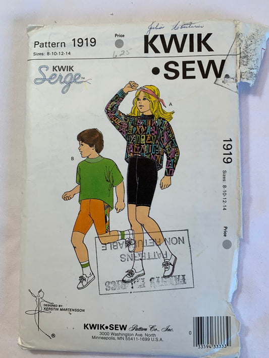 KWIK Sewing Pattern 1919 Girls'/Boys' Shirts, Shorts, Elastic Waist, Long/Short Sleeves, Pullover, Pull-On, Size 8-14, Cut, Vintage 1989