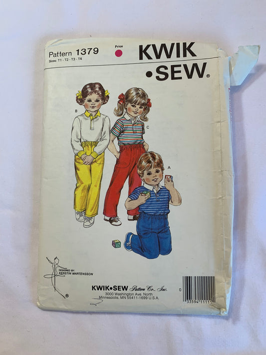 KWIK Sewing Pattern 1379 Toddlers' Shirt, Pants, Elastic Waist, Long/Short Sleeves, Pullover, Pull-On, Pockets, 3 Variations, Size T1-T4, Cut, Vintage 1980 Media 1 of 2