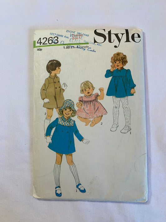 Style Sewing Pattern 4263 Toddlers' Coat Hat, Dress, Lined, Collar, Long/Short Sleeves, Button Back, Gathered Waist, Size 1, Cut, Vintage 1973