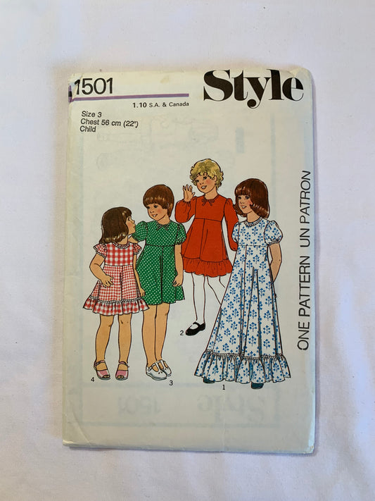 Style Sewing Pattern 1501 Girls' Dress, Zipper Back, Long/Shorts Sleeves, Collar, Round Neckline, Two Lengths, Ruffles, High Waist, Size 3, Cut, Vintage 1976