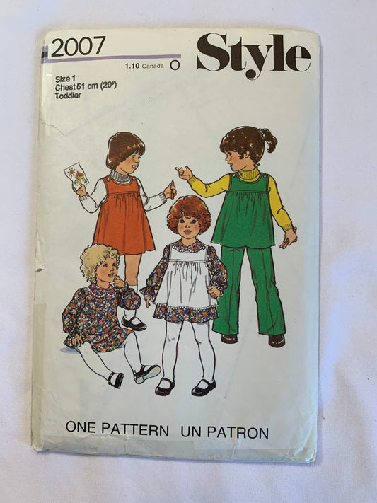 Style Sewing Pattern 2007 Toddlers' Dress, Pinafore, Tunic, Trousers, Flared, Long Sleeves, Sleeveless, Elasic Waist, Size 1, Cut, Vintage 1977