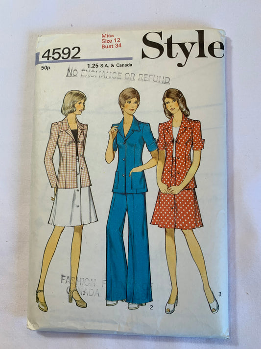 Style Sewing Pattern 4592 Misses' Unlined Jacket, Pants, Trousers, Skirt, Front Zipper, Collar, Pockets, Cuffs, Button Front, Long/Short Sleeves, Size 12, Uncut, Vintage 1974