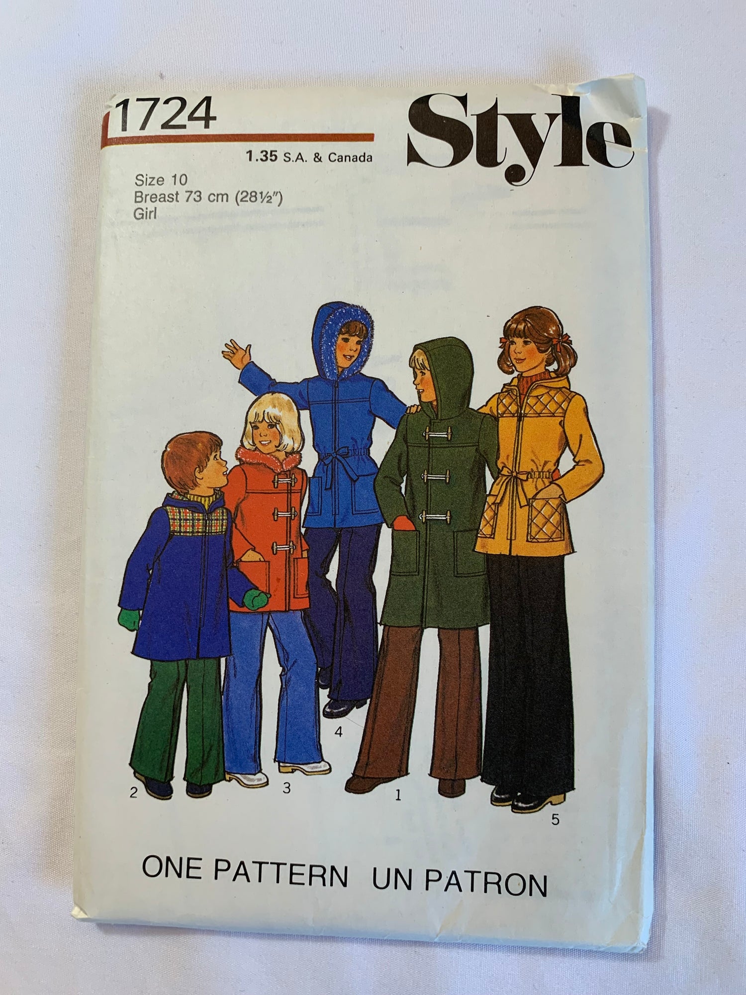Style Sewing Pattern 1724 Girls' Unlined Coat, Jacket, Hood, Long Sleeves, Pockets, Toggle/Zipper Front, 5 Variations, Size 10, Uncut, Vintage 1976