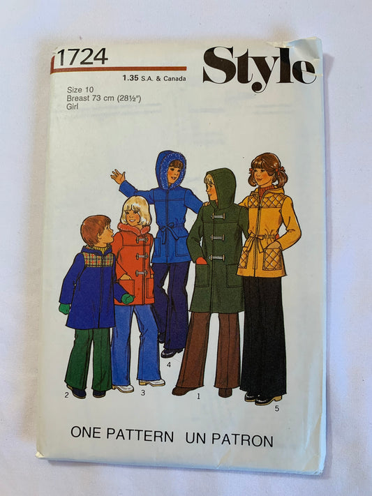 Style Sewing Pattern 1724 Girls' Unlined Coat, Jacket, Hood, Long Sleeves, Pockets, Toggle/Zipper Front, 5 Variations, Size 10, Uncut, Vintage 1976