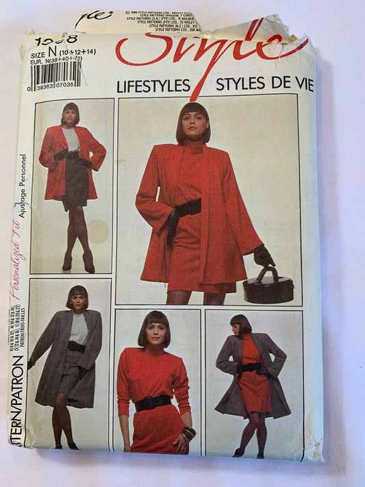 Style Sewing Pattern 1368 Misses' Unlined Jacket, Coat, Dress, Tunic, Skirt, Loose-Fitting, Long Sleeves, Zipper Back, Collar, Shoulder Pads, Size 10-142, Uncut, Vintage 1988