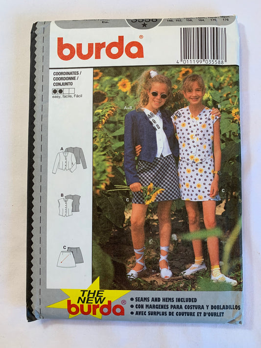 Burda Sewing Pattern 3558  Girls' Jacket, Vest, Skirt, Button Front, Long Sleeves, Semi-Fitted, Zipper Back, Size 11-16, Cut, 2012