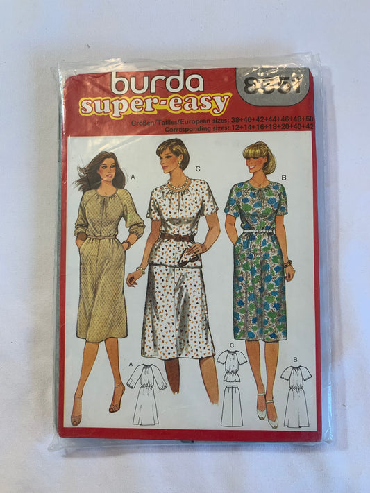 Burda Sewing Pattern 8351 Misses' Dress, Top, Skirt, Zipper Back, Long/Short Sleeves, Pullover, Elastic Waist, Size 12-18, Cut, 2000
