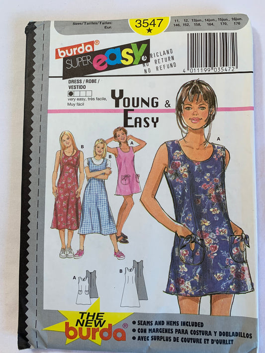 Burda Sewing Pattern 3547 Girls' Dress, Sleeveless, Two Lengths, Zipper Back, Round Neckline, Loose-Fitting, 2 Variations, Size 11-16, Cut, 2016