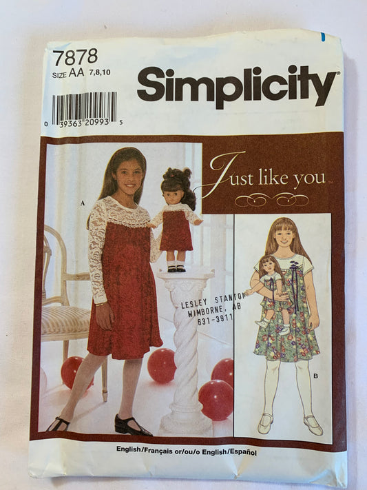 Simplicity Sewing Pattern 7878 Girls' Dress, Doll Dress 18", Zipper Back, Long/Short Sleeves, Flared Skirt, Size 7-10, Uncut, Vintage 1997