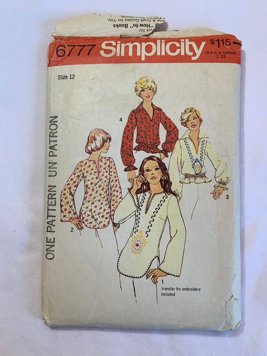 Simplicity Sewing Pattern 6777 Misses'Junior/Teens, Pullover Tops, Shirts, Long Bell Shaped Sleeves, Ruffles, 4 Variations, Size 12, Cut, Vintage 1974