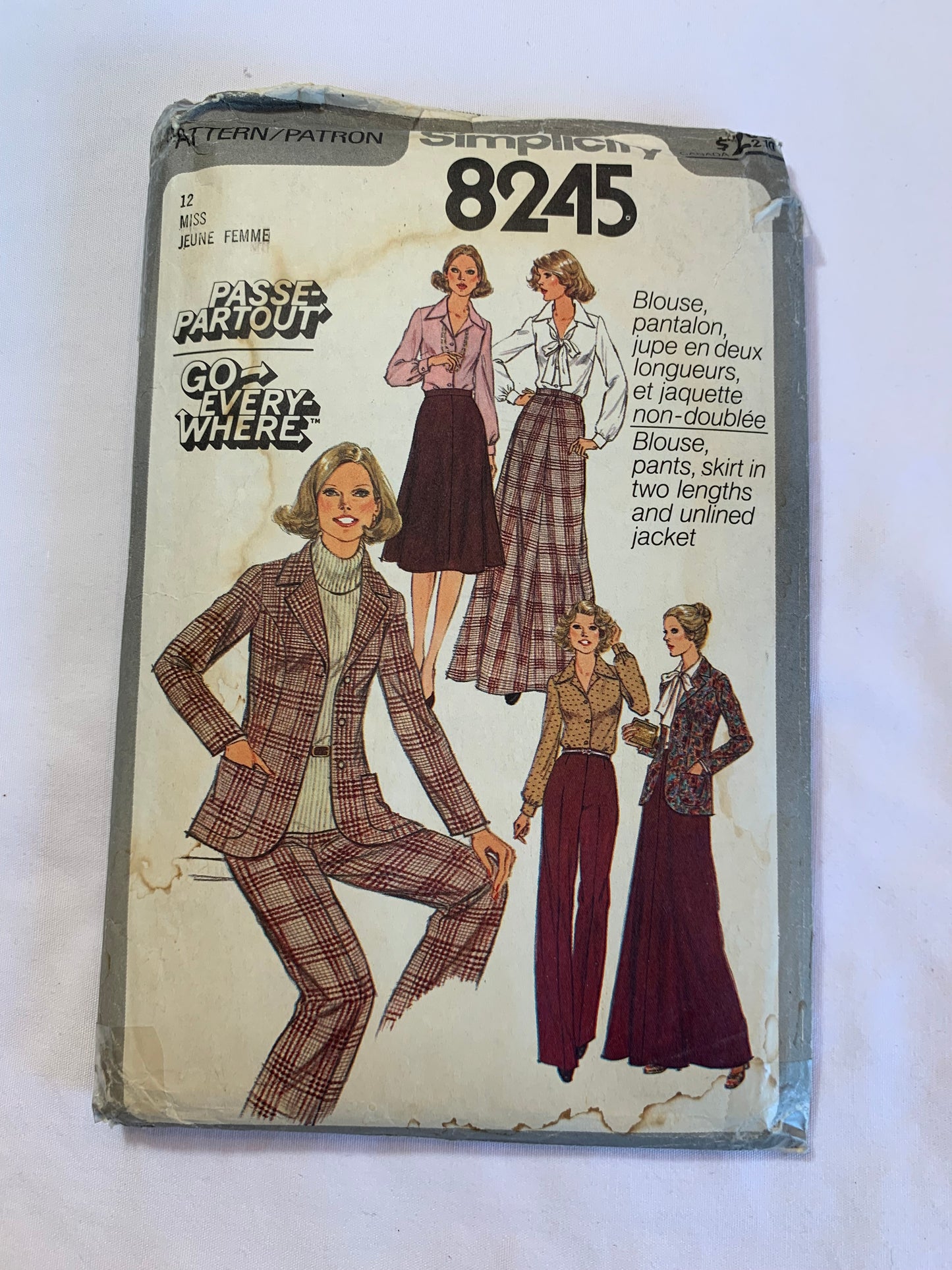 Simplicity Sewing Pattern 8245 Misses' Skirt, Two Lengths, Blouse, Pants, Long Sleeves, Button Front, Collar, Size 12, Cut, Vintage 1977