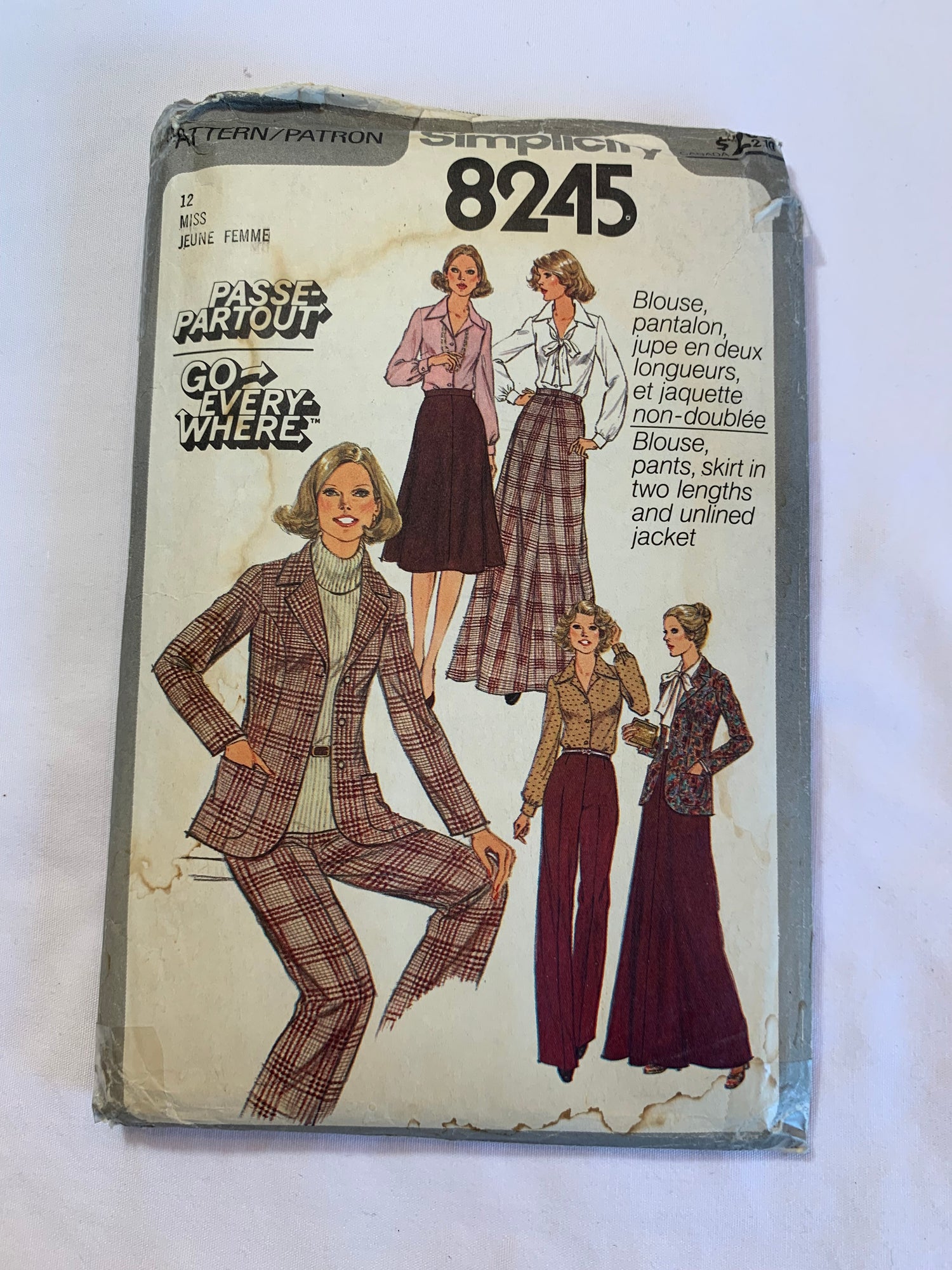 Simplicity Sewing Pattern 8245 Misses' Skirt, Two Lengths, Blouse, Pants, Long Sleeves, Button Front, Collar, Size 12, Cut, Vintage 1977