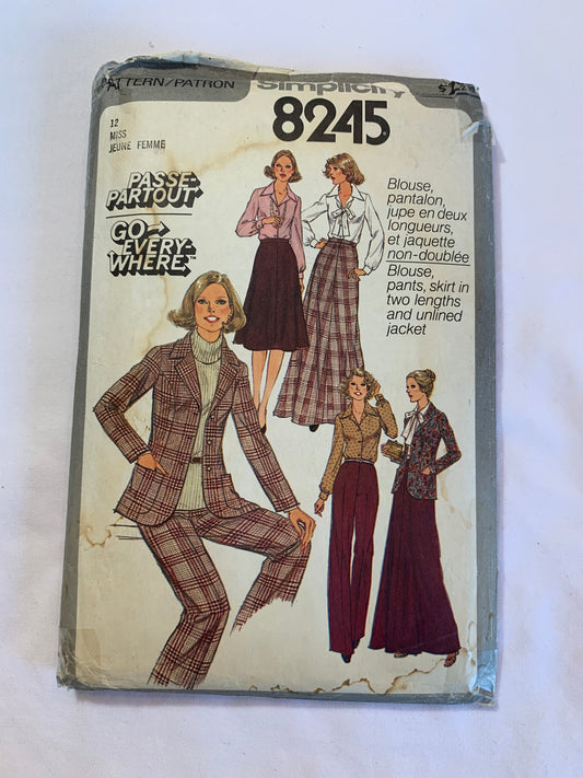 Simplicity Sewing Pattern 8245 Misses' Skirt, Two Lengths, Blouse, Pants, Long Sleeves, Button Front, Collar, Size 12, Cut, Vintage 1977