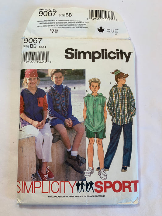 Simplicity Sewing Pattern 9067 Girls' Boys' Pull-On Pants/Shorts, Hooded Top, Elastic Waistband, Pockets, Drawstring, Long Sleeves, Sleeveless, Size 12-14, Cut, Vintage 1994