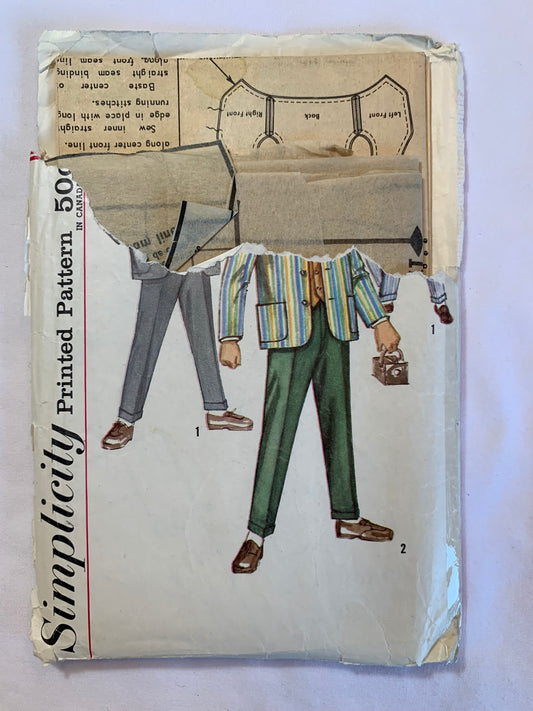 Simplicity Sewing Pattern 4836 Boys' Pants, Vest, Jacket, Zipper Fly, Pockets, Shoulder Straps, Button Front, Suit, Size 2, Cut, Vintage 1968